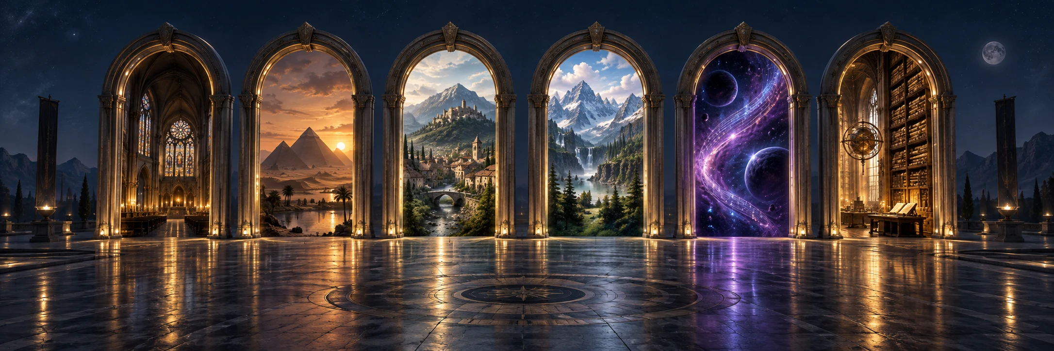 Six illuminated, freestanding arched displays in a dark exhibition gallery, revealing a church, ancient Egypt, an ancestral village, a national park, a cosmic music scene, and an archive.